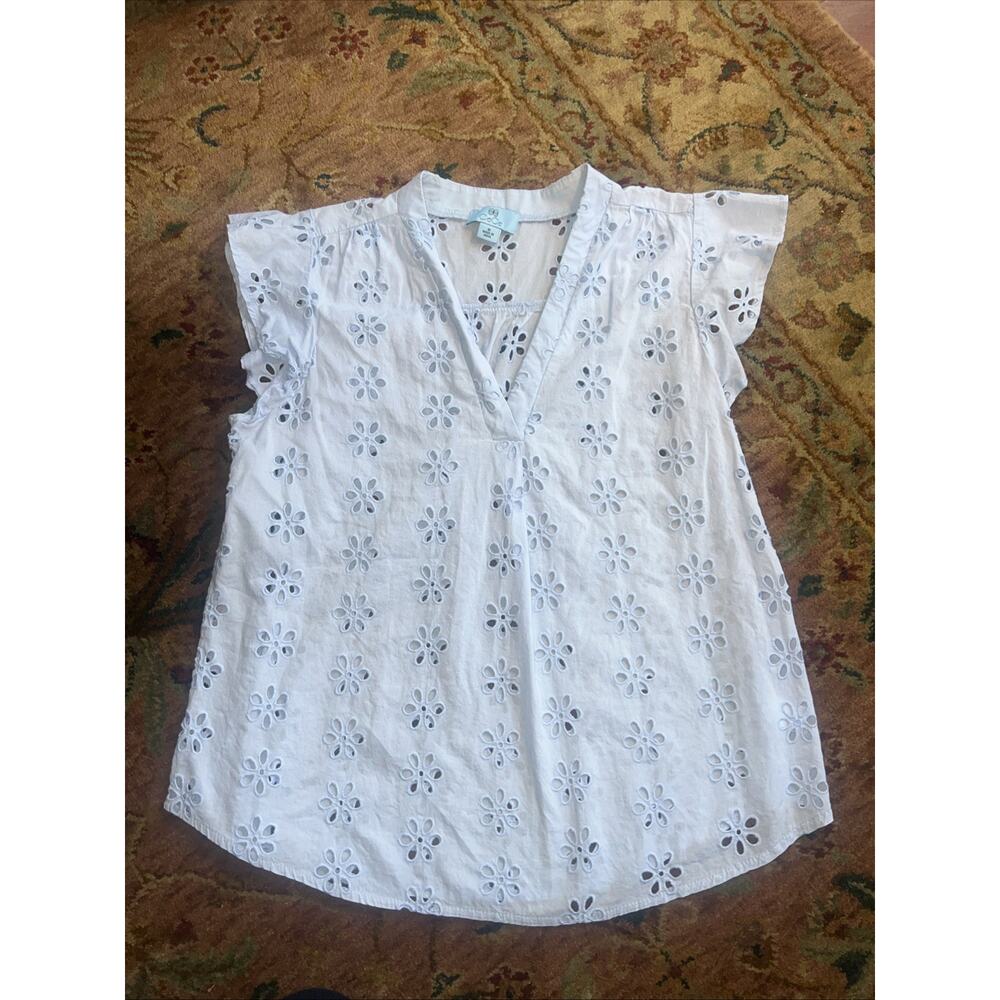 Cece V-Neck Baby Blue Eyelet Floral Embroidery Flutter Sleeve Cotton Top Sz M - Picture 2 of 10